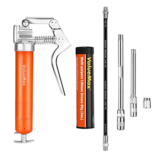 ValueMax Mini Grease Gun Kit (3500 PSI) with 3 OZ Grease, 12'' Flexible Hose, 5'' & 3” Extension Tubes, Pistol Grip, Reinforced Construction, Fit fo