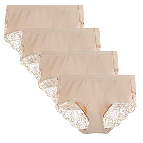 LIQQY Women's 4 Pack High Rise Underwear Combed Cotton Brief Breathable Lace Full Coverage Panty Large Nude
