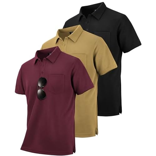ZITY 3 Pack Polo Shirts for Men with Pocket Short Sleeve Moisture Wicking Outdoor Tactical Shirt Summer Casual Medium Black+khaki+wine Red