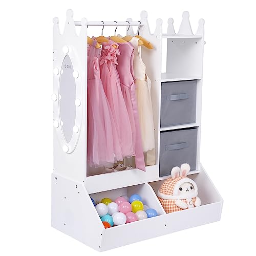 Garvee Girls' Dress up Storage with Light & Mirror, Kids Clothing Rack with Storage Bin, Girl's Open Hanging Armoire Closet, White