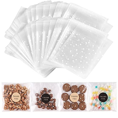 200PACK Self Adhesive Cookie Bags Cellophane Treat Bags Thank You for Gift Giving Candy with Stickers(White Polka Dot, 5.5x5.5 INCH) White Polka Dot 5