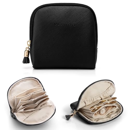 Vlando Travel Jewellery Organiser, Jewellery Pouch with Zipper, Velvet Lining Jewellery Bags for Rings, Bracelets & Necklaces,Black-Toothpick Grain B.