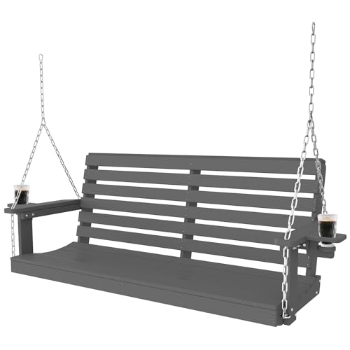 Porch Swings,2 Seat Patio Chair with Two Cup Holders,HDPE Waterproof Bench for Courtyard-Grey Gray