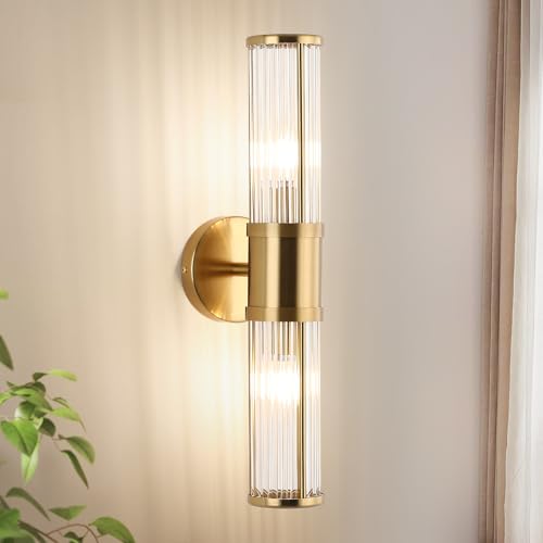 Glass Rods Wall Light Fixture Indoor Brass Bathroom Vanity Lights Beside Mirror Lighting Lamps Up and Down Wall Mounted Light E12 Socket Brushed Brass