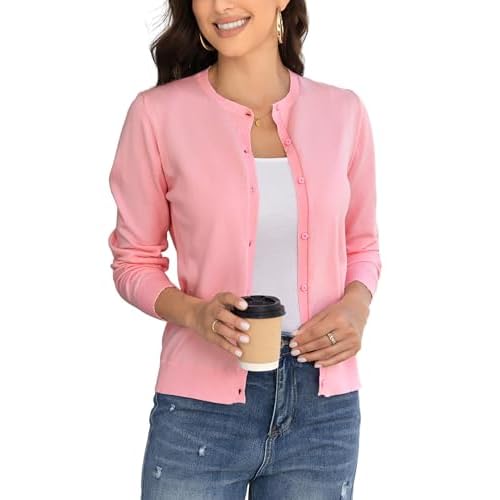 Women's Crew Neck Button Down Long Sleeve Cardigan for Women Classic Soft Knit Ladies Cardigan Sweater Coat Large Pink