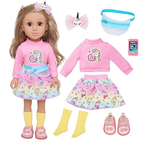 Ecore Fun 18 Inch Girl Doll with Clothes Accessories, Fashion Doll with Styling Brown Hair, Unicorn Hair Clip, Phone, Bag, Outfit & Shoes, Gift Ready