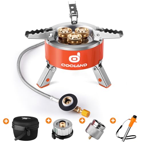 Odoland Camping Stove 3 Burner External Igniter, Portable Adjustable Backpacking Stove with EVA box for Outdoor Camping Hiking Picnic Orange Camping S