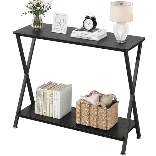 Garvee Console Table + Narrow Entryway Table + Storage Shelf + Metal Frame + MDF Wood + X-Shaped Metal Tubes + Adjustable Footpads + Living Room, Foye