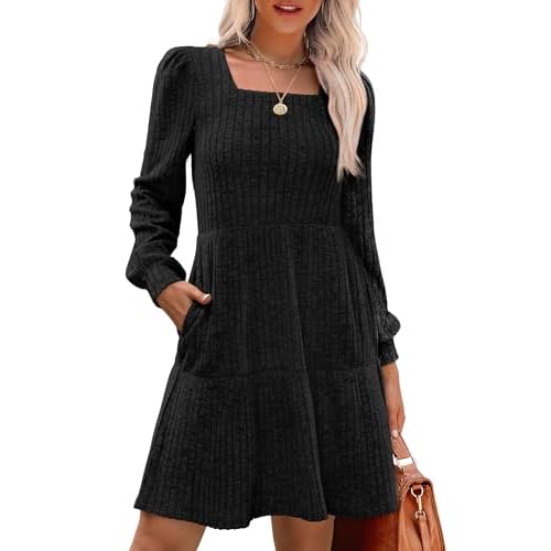 RanRui Womens Knitted Mini Dress riibbed Pleated Square Neck Long Sleeve Fall Dresses Casual Babydoll Ruffle Sweater Dress Black XX-Large