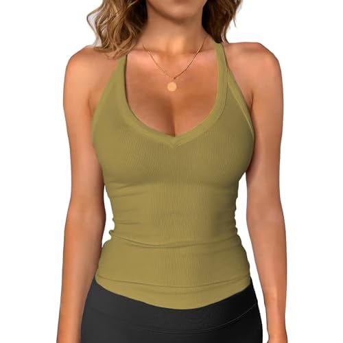 iGENJUN Womens Spaghetti Strap V-Neck Ribbed Tank Tops for Women 2025 Slim Fitted Soft Camisole Basic Layering Shirts