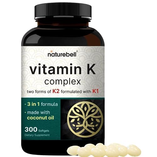 NatureBell Vitamin K Complex, K1 + K2 (MK-7 & MK-4) 2,600mcg Per Serving, 300 Coconut Oil Softgels | Max Absorption – Full Spectrum K Vitamins Suppl