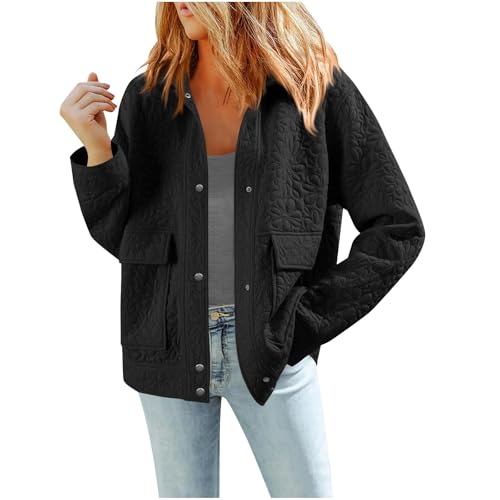 Womens Trendy Jacquard Shacket, Classic Collared Button-Up Trucker Jacket, Casual Long Sleeve City Outerwear A02 Black X-Large
