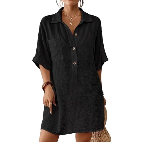Bsubseach Cover Ups for Swimwear Women Short Sleeve Beach Swimsuit Coverup Loose Shirt Dress 2025 Vacation Outfits Black Small