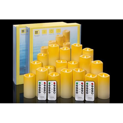 YIWER Plastic Waterproof Flameless Candles Set of 18: Battery Operated Candles Ivory Flickering Pillar Candles Include 4"-5"-6"-7"-8"-9" with 10-Key R