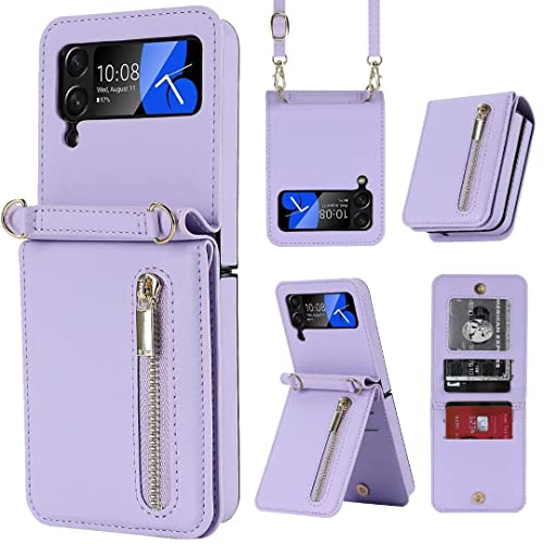 for Samsung Galaxy Z Flip 4 Luxury Zipper Wallet Phone Case, Multi-Function Kickstand Card Holder Adjustable Crossbody Strap, Fashion Flip Case，Perf