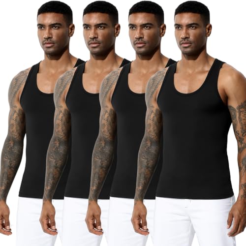 Arjen Kroos Men's Workout Tank Top 4 Pack Muscle Sleeveless Gym Shirts Activewear Slimming Vest Undershirts Black*4 Small
