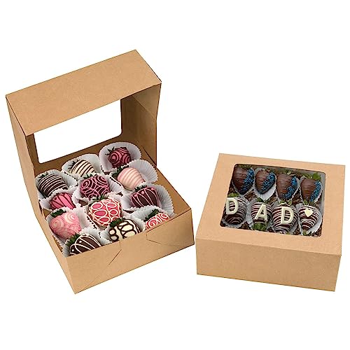 8x8x3 inch Kraft Cookie Boxes Candy Boxes with Window for Chocolate Covered Strawberry Macaron Donut Breakable Heart Baked Goods, Gift Treat Boxes Cha