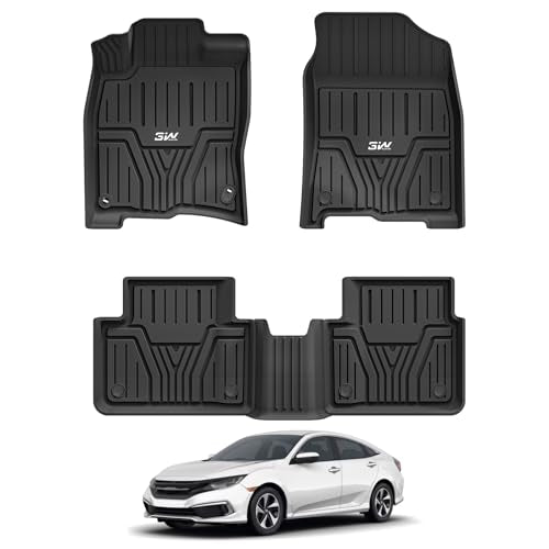 3W Floor Mats Fit for Honda Civic 2016-2021 1st & 2nd Row Set Non-Slip and Odorless All Weather TPE Solid and Flexible Car Liners for Honda Civic Acce
