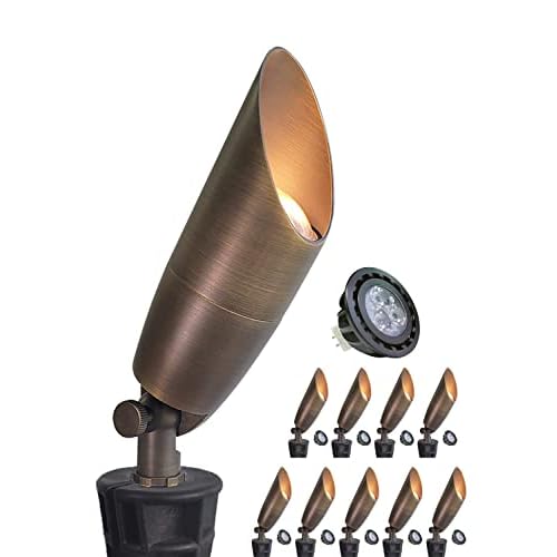 MALORY Solid Brass Landscape Spotlight 10-Pack with Bulb(S06), Low Voltage Front and Backyard Landscape Lighting with Large Rugged Slot Spike & Wire C