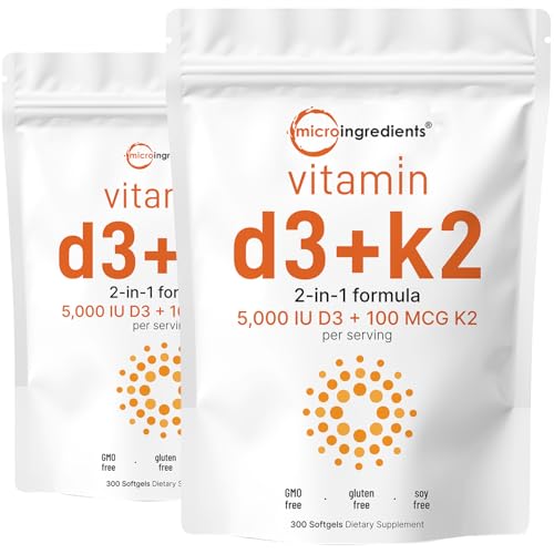 Micro Ingredients Vitamin D3 5,000 IU + K2 MK-7 100 mcg, 2 Pack (600 Softgels) | Liquid-Filled with Sunflower Oil | 2-in-1 Bone, Immune & Heart Suppor
