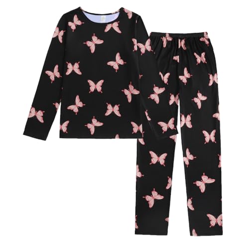 YIJIU Women's Sleepwear Long Sleeve Top and Pants Pajama Set Panda Print Nighty Medium Black Butterfly