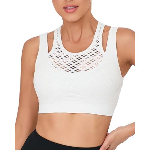 RUNNING GIRL Sports Bras for Women High Support,Seamless Ribbed Longline High Neck Sports Bra Racerback Padded Crop Top Yoga Small A-white