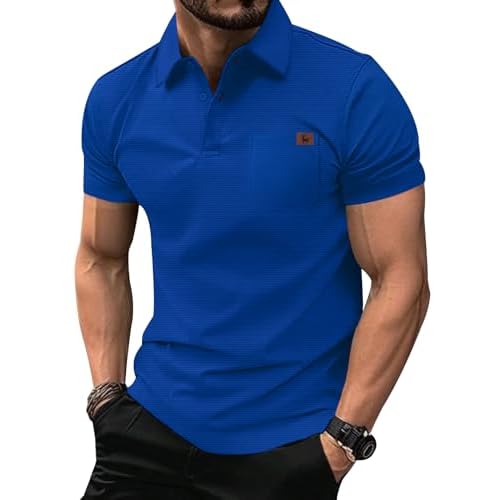 ZITY Mens Waffle Polo Shirts Casual Short Sleeve Texture Polo for Men Moisture Wicking Collared T-Shirt with Pocket Royal Blue Large