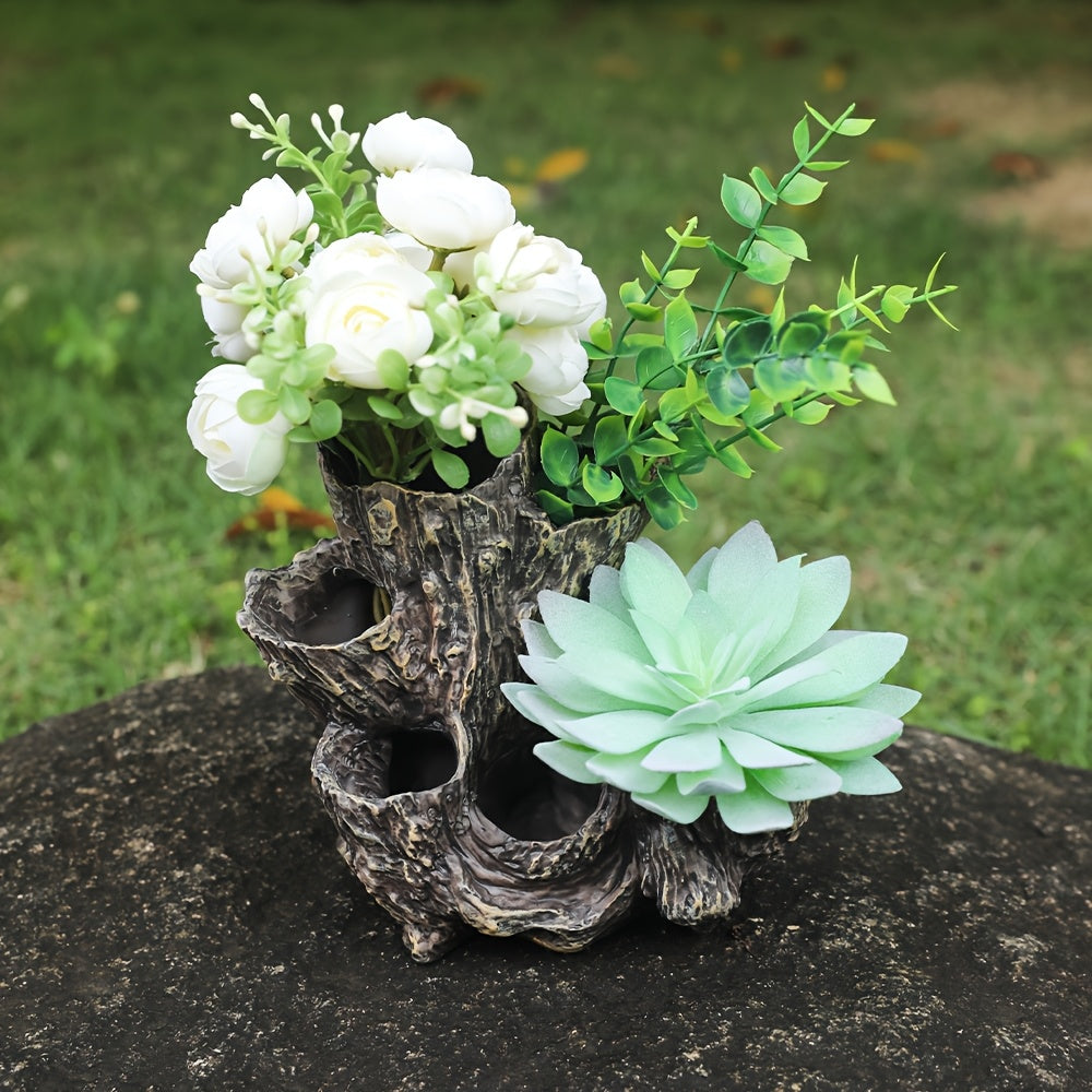 TEMU 1pc Tree Stump Planter Decor - Floral Vase With Dual Compartments For Indoor-outdoor Home Garden Decor, No Electricity Needed, Classic
