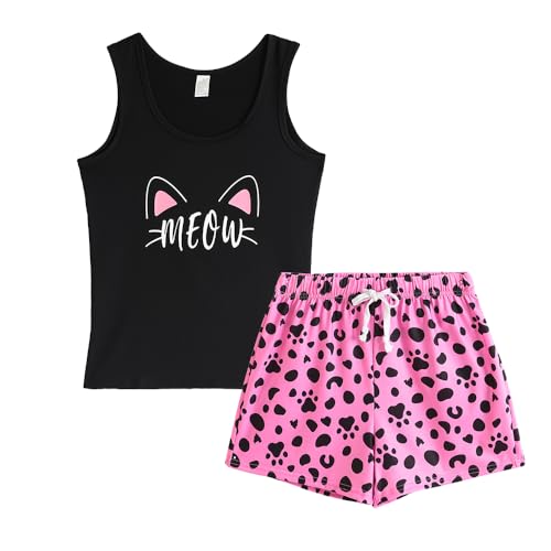 VENTELAN Women Pajamas Cute Tank and Shorts Set Soft PJS Sleepwear Loungewear Small Black-meow