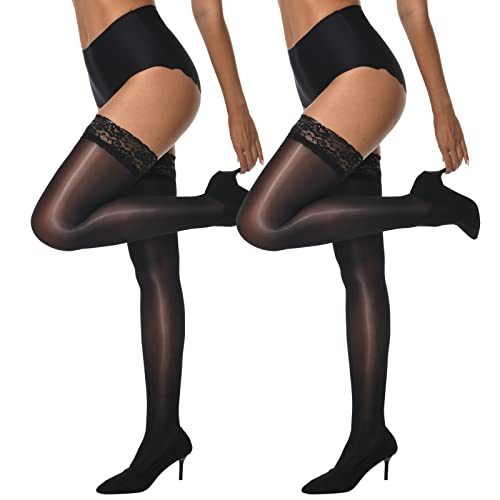MANZI Sheer Shiny Thigh High Stockings 2 Pairs Silky lingerie Pantyhose for Women with Stay Up Silicone Lace Top Large-X-Large 2 Pairs Black