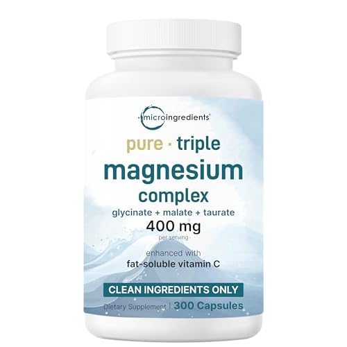 Micro Ingredients Pure Magnesium Complex, 300 Capsules | Triple Magnesium Glycinate, Malate, Taurate with Vitamin C | 100% Chelated | Supports Muscles