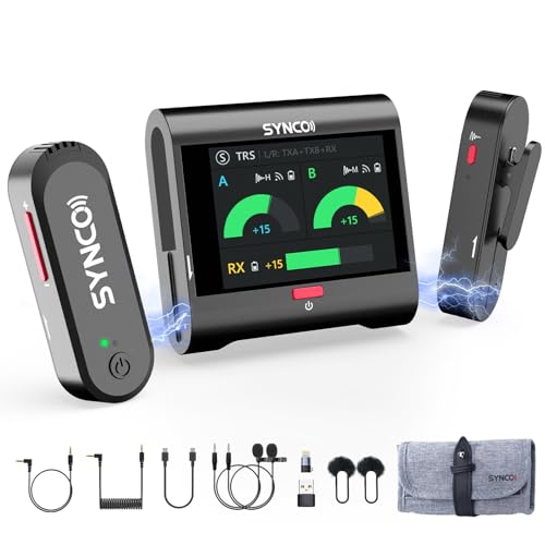 SYNCO Wireless Microphone with Touch Screen, G3 PRO 2.4G Dual Lavalier Mic 820FT 10H Battery Charging for DSLR Smartphone Laptop with Noise Reduction,