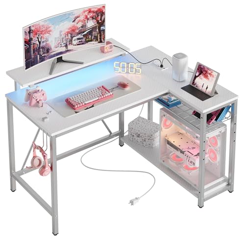 Bestier White Computer Desk with Charging Port & LED Strip,42 inch Modern Gaming Desk with Reversible Storage Shelves,Small L Shaped Desk with Hooks f