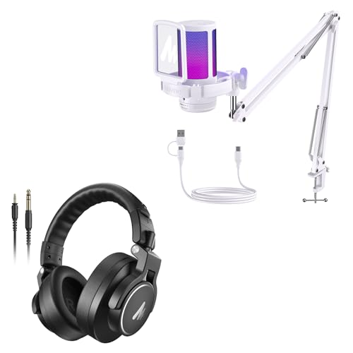 MAONO USB Microphone White + Studio Monitor Mixing DJ Headphones MH700 Silver