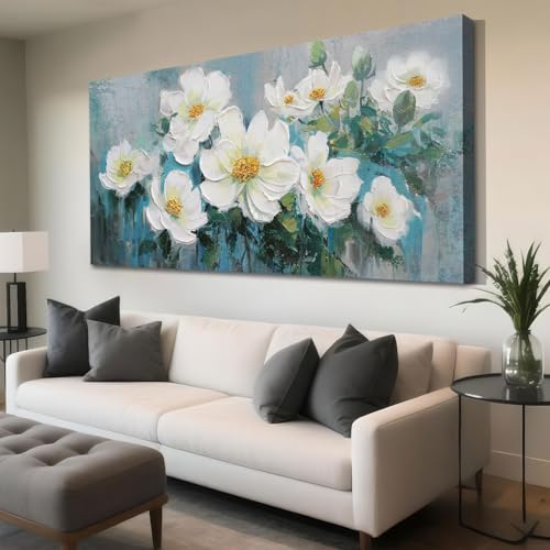 Ardemy White Flowers Wall Art Canvas Magnolia Teal Floral 3D Thick Textured Picture Gold Turquoise Blue Painting Artwork Framed for Living Room Bedroo