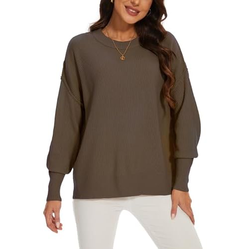 Women's Crewneck Long Sleeve Oversized Sweaters 2024 Fall Side Slit Ribbed Knit Pullover Sweater Tops Coffee Small