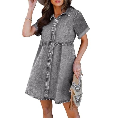 luvamia Women's Casual Short Sleeve Button Down Tiered Denim Babydoll Jean Dress Medium Foxy Grey