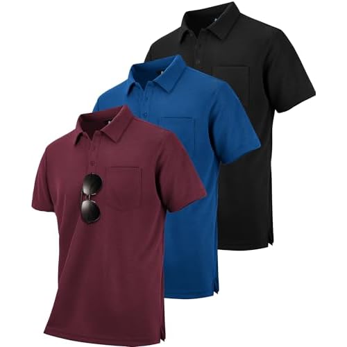 ZITY 3 Pack Polo Shirts for Men with Pocket Short Sleeve Moisture Wicking Outdoor Tactical Shirt Summer Casual Medium Royal Blue+wine Red+black