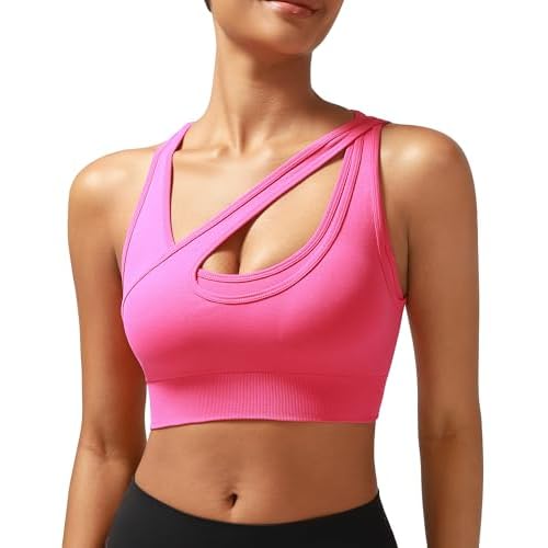 RUNNING GIRL Sports Bras for Women High Support,Seamless Ribbed Longline High Neck Sports Bra Racerback Padded Crop Top Yoga Small B-hot Pink