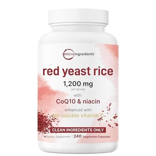 Red Yeast Rice 1,200mg with CoQ10 100mg, 240 Veggie Capsules | 4-in-1 with Flush Free Niacin & Fat Soluble Vitamin C | Cholesterol Support & Heart Hea