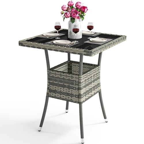 YITAHOME 23.6" Patio Table for 4-Person, Outdoor Patio Wicker Square Dining Table, All-Weather Rattan Bistro Dining Table w-Glass Tabletop for Backyar