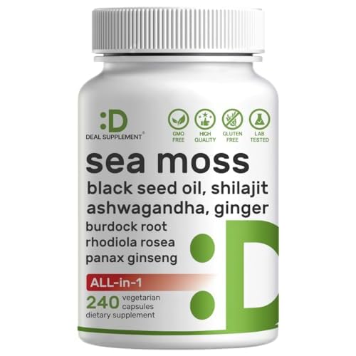 DEAL SUPPLEMENT Irish Sea Moss 7000mg Per Serving, 240 Veggie Capsules – 14 Superfood Complex – 3000mg Black Seed Oil, 2000mg Ashwagandha, 600mg G