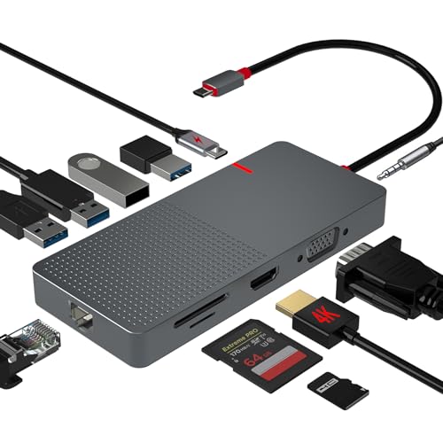 USB C Hub,Laptop Docking Station Dual Monitor,11 IN1 USB C Dongle Multiport Adapter, VGA,100W PD Charging (2USB 3.0-2USB 2.0) RJ45 TF-SD Card Reader f