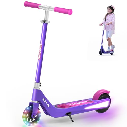 iScooter iK1 Electric Scooter for Kids Aged 6-10, Adjustable Speed & Height, Magnetic Safe Charging, Colorful Flashing Wheels & Deck Lights,110 LBS Ca