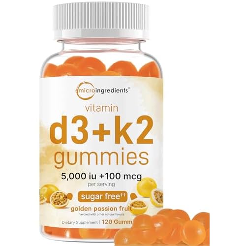 Vitamin D3 K2 Gummies | 5,000 IU D3 + 100 mcg K2 MK-7 | 120 Count | Sugar Free Golden Passion Fruit Flavor | 2-in-1 Gummy Vitamins | Bone, Immune, & H
