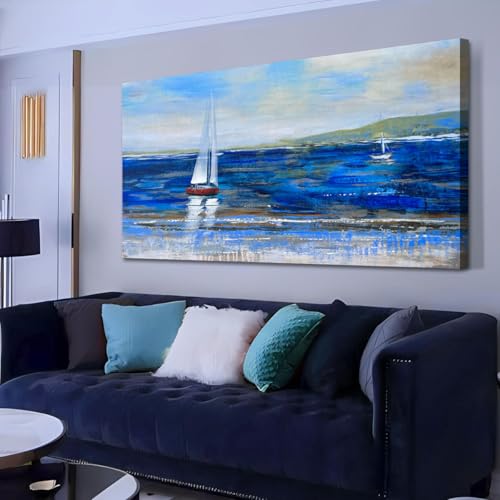 Ardemy Blue Abstract Canvas Wall Art for Living Room Sailboat Large Wall Decor Painting Picture Bedroom Textured Nautical Navy Blue Seascape Artwork A