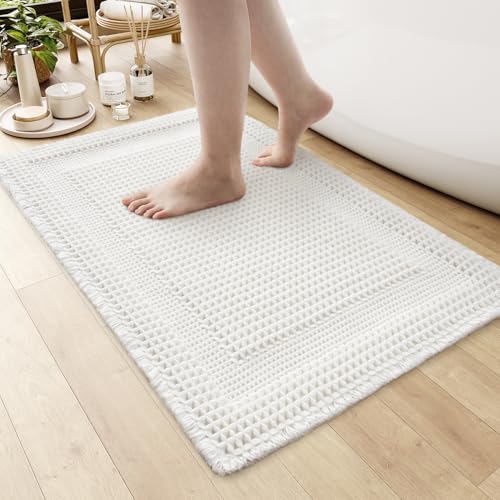 AMOAMI Waffle Bath-Mat, Absorbent Bath Mats for Bathroom Non Slip, Machine Washable Bathroom Rugs with Tassels Ultra Soft Boho Bath Rugs for Floor 18"