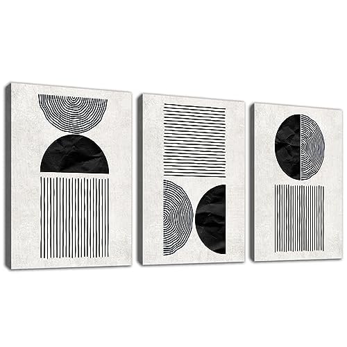 Black and White Wall Art Canvas Set Mid Century Boho Pictures Modern Geometric Lines Half Circles Wall Decor Minimalist Bohemian Abstract Painting Art