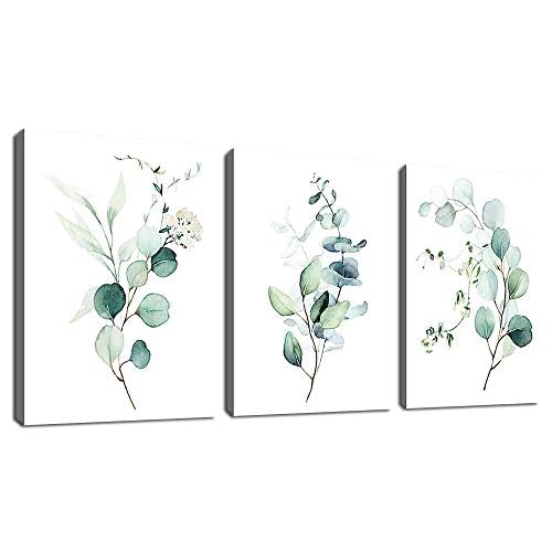 Green Leaf Wall Art - Eucalyptus Canvas Pictures, Watercolor Modern Bohemia Botanical Artwork, Contemporary Minimalism Canvas Art Prints for Bedroom L