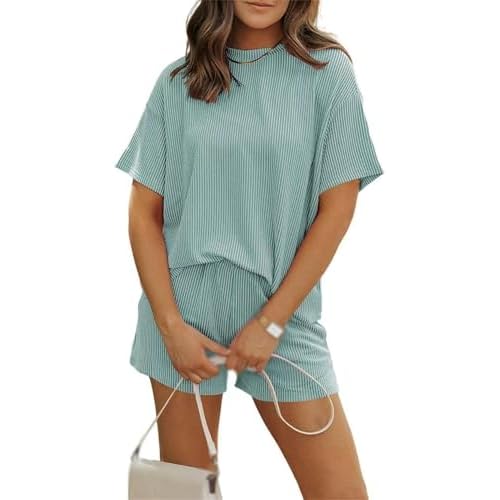 Womens 2 Piece Sets Ribbed Knit Short Sleeve Lounge Set Casual Shorts Summer Outfits Skyblue Large